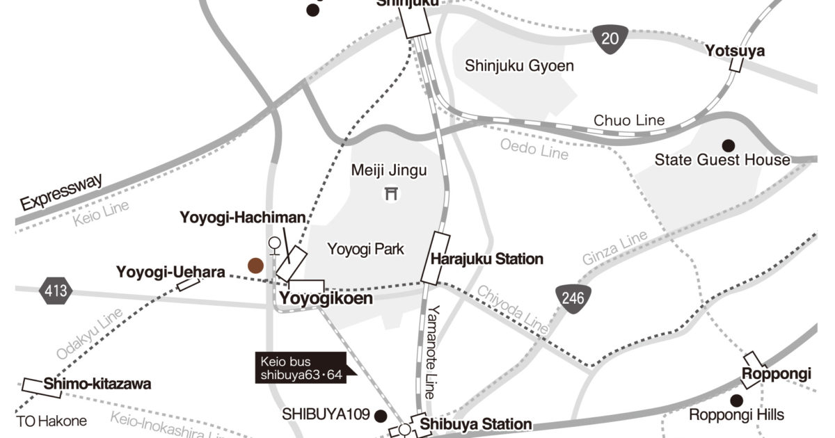 渋谷の地図とアーモンドホステルの位置　Location of Shibuya and Almond Hostel